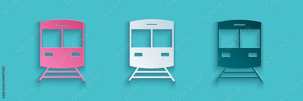 蓝色背景上隔离的剪纸火车和铁路图标。公共交通符号。地铁t