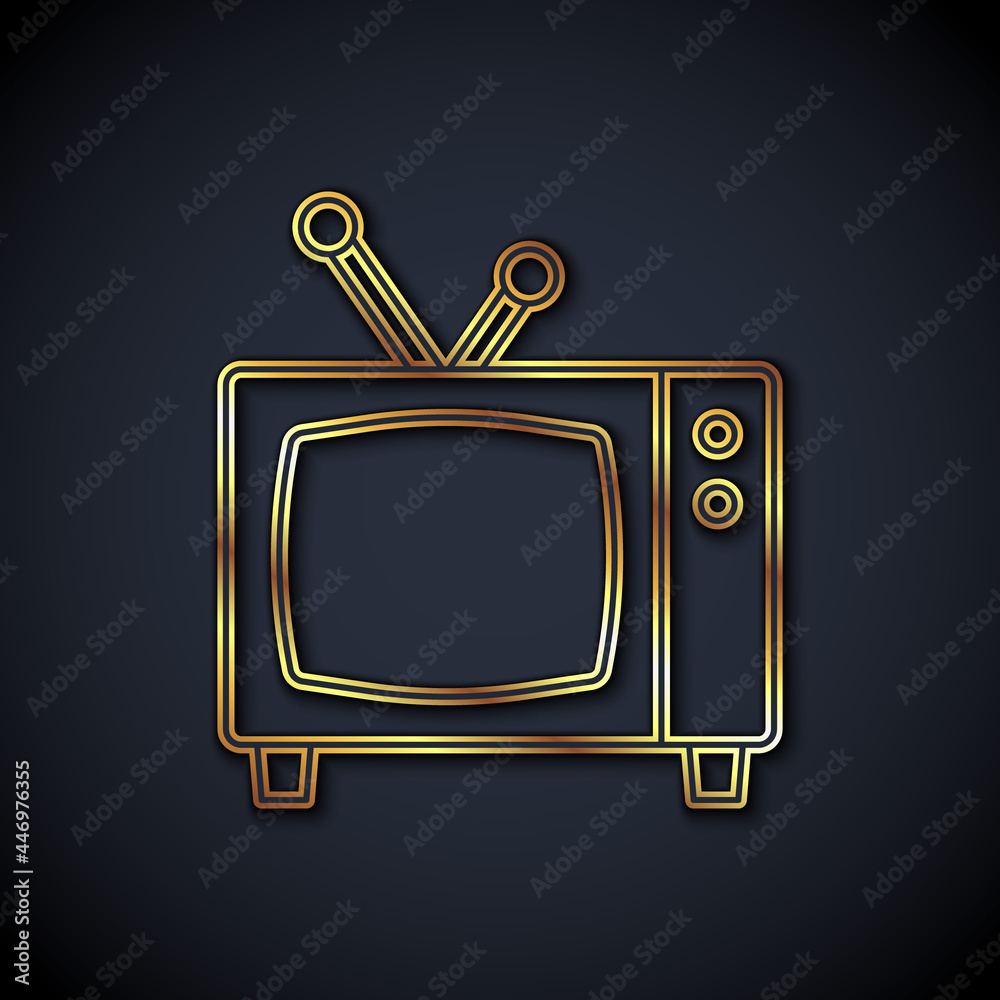 金线复古电视图标隔离在黑色背景上。电视标志。矢量