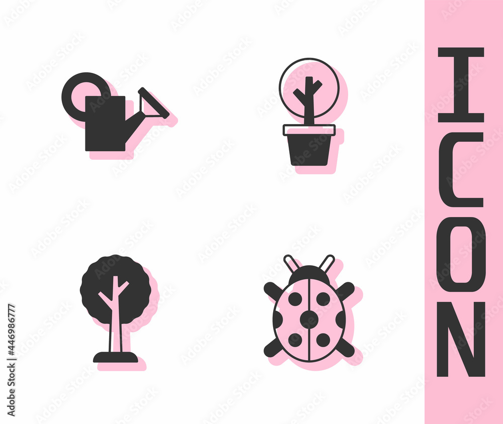 Set Ladybug, Watering can, Forest and icon. Vector