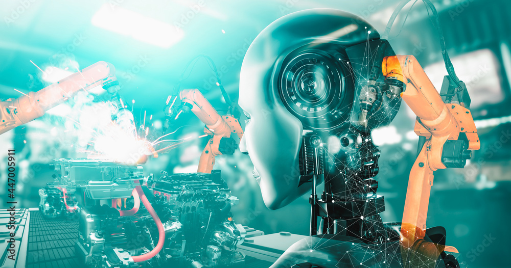 机械化工业机器人和机械臂双曝光图像。人工智能的概念