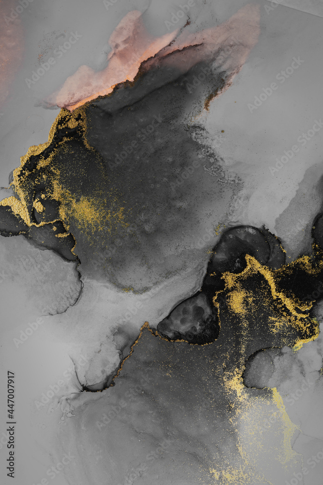 纸上大理石液体墨水艺术绘画的暗金色抽象背景。原始艺术品的图像