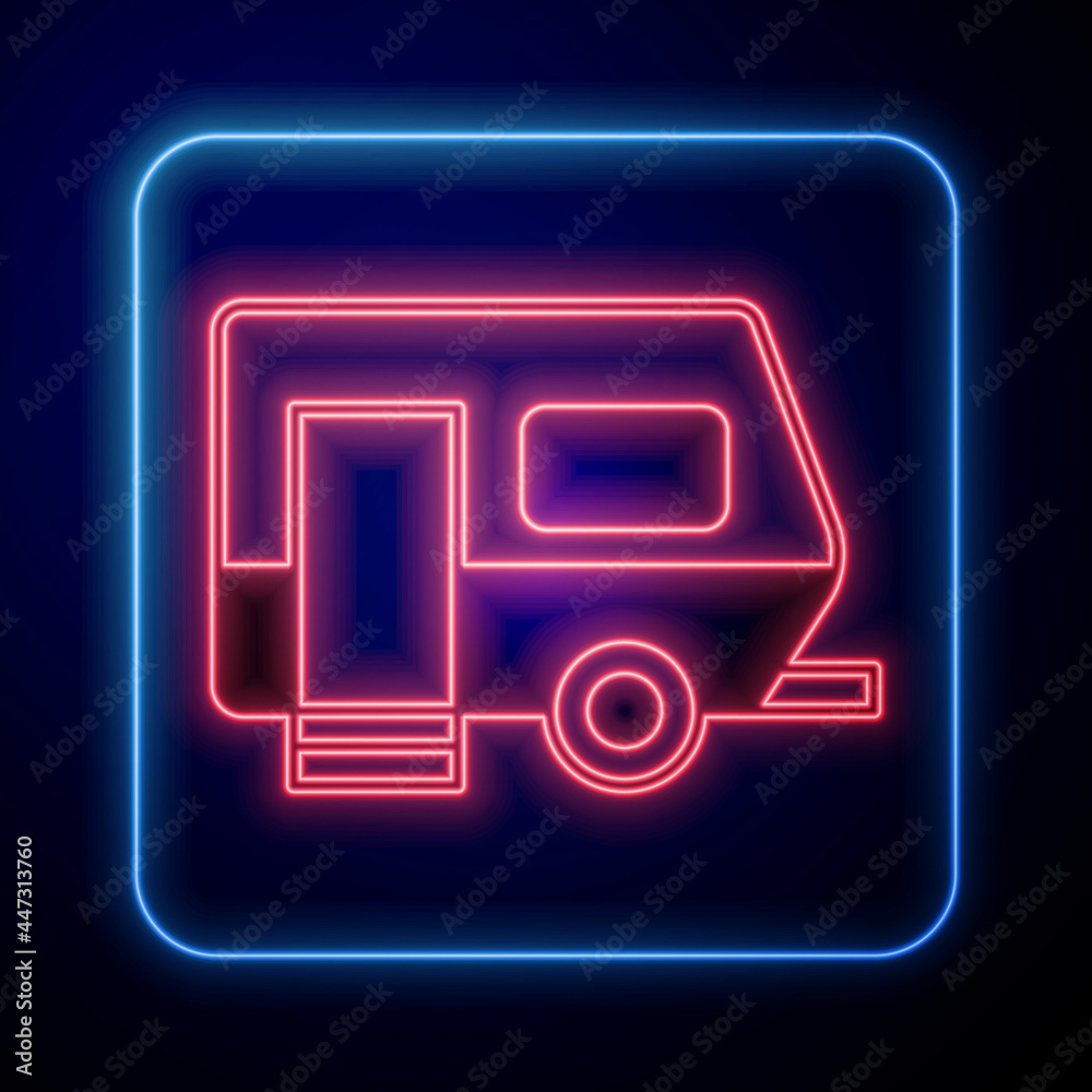 发光的霓虹灯Rv露营拖车图标被隔离在黑色背景上。旅行移动房屋，房车，家
