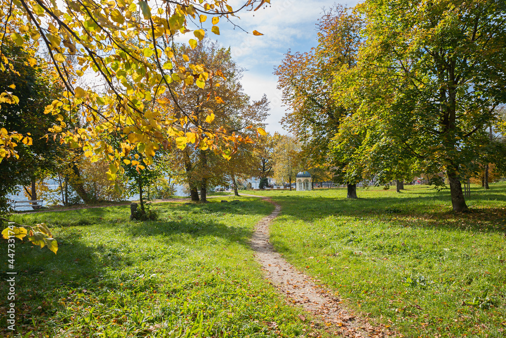 温泉花园Mondsee，湖畔，美丽的秋季景观，有人行道和金色的树叶