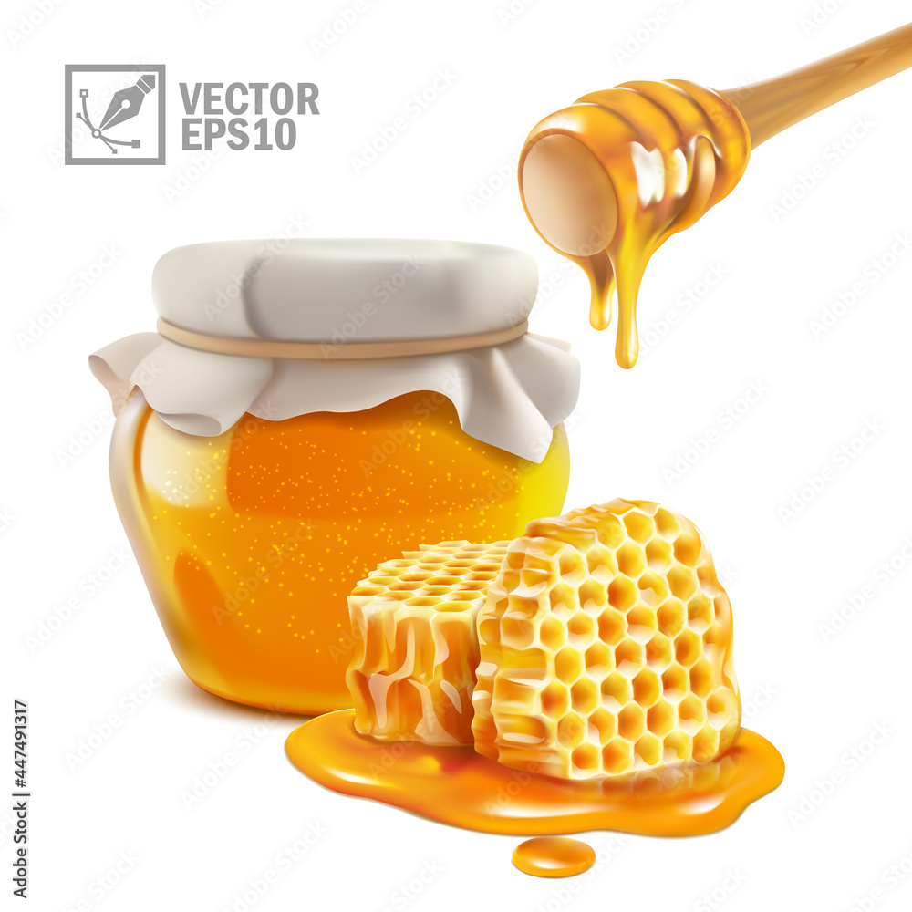 3d逼真的分离载体蜂蜜罐，并粘上在蜂窝片上流动的液体蜂蜜