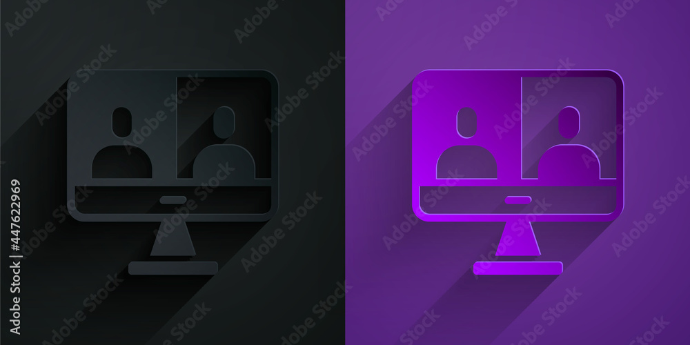Paper cut Video chat conference icon isolated on black on purple background. Computer with video cha