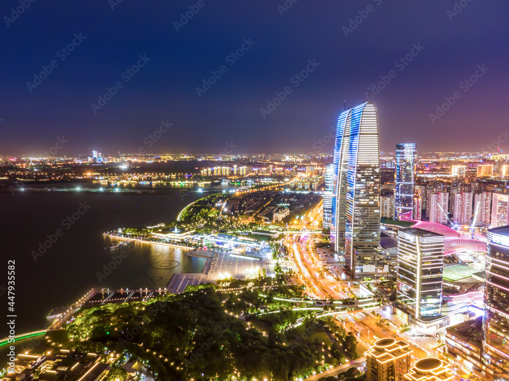 Aerial photography of the night view of Suzhou Financial Center