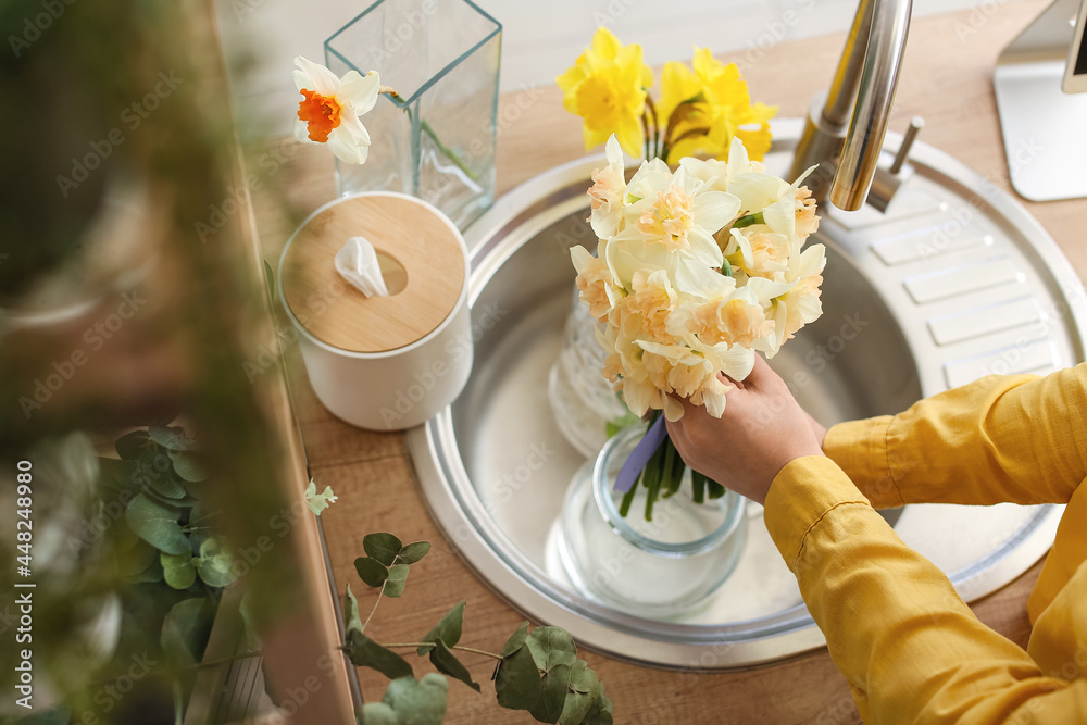 年轻女子在家里的水槽里往装有水仙花的花瓶里注水