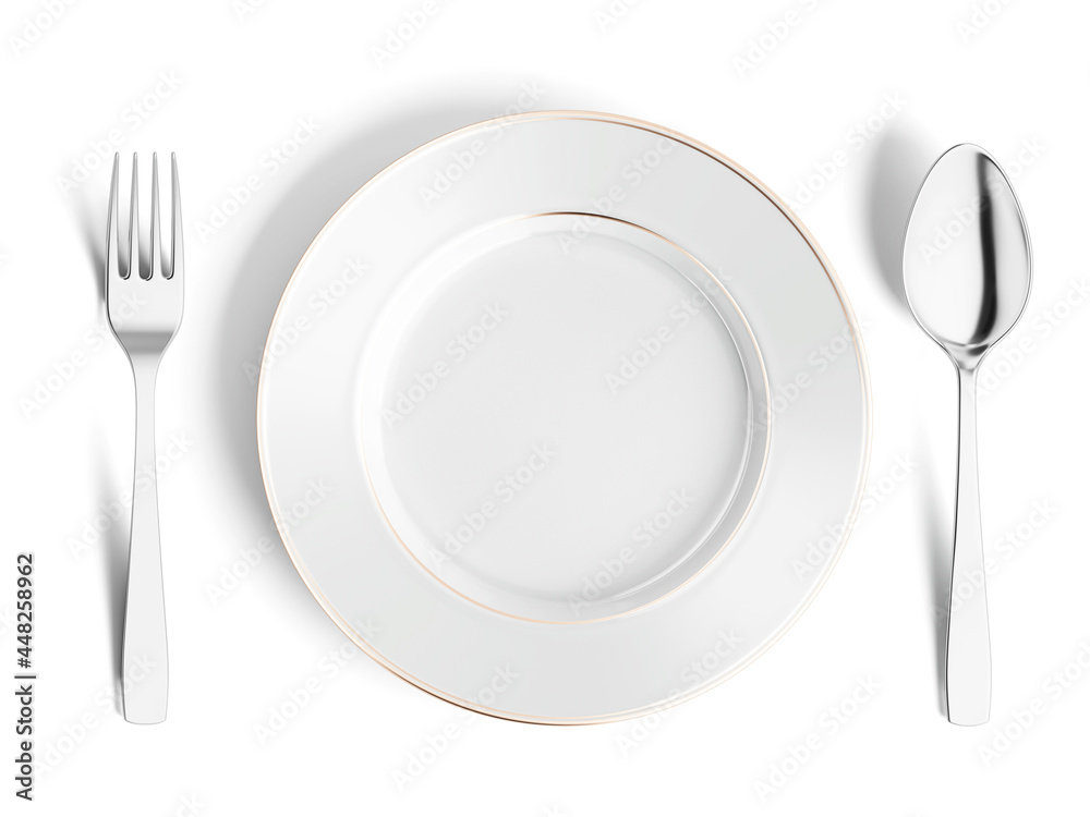 白色背景下桌子设置的俯视图。盘子、叉子和勺子。三维渲染