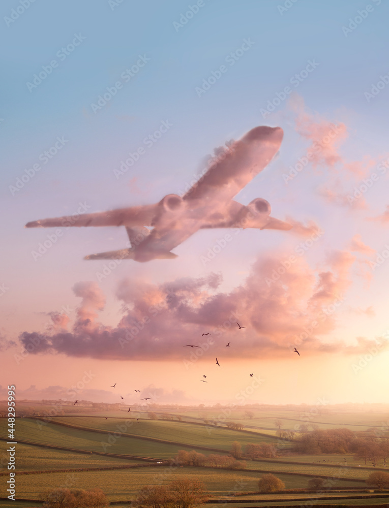 日落时的飞机云概念