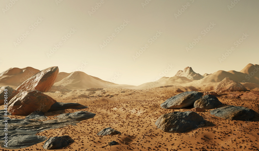火星景观。火星表面散布着岩石和尘埃，还有远处的山脉。3D背景