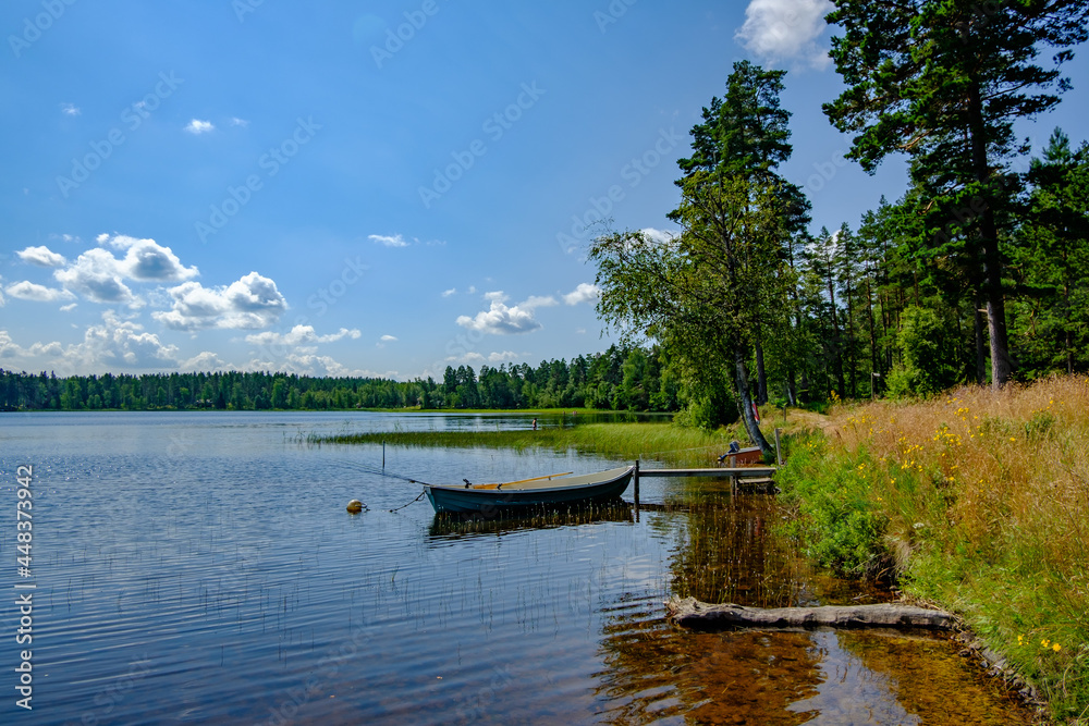 rowing boat on a lake in the swedish nature reserve hökensas near habo