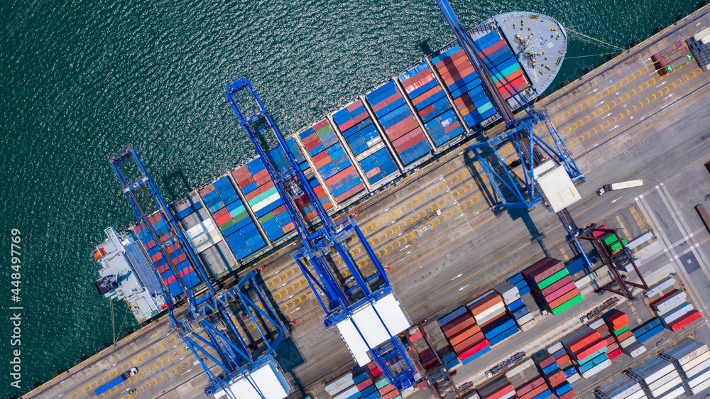 Aerial view container ship in port at container terminal port, Ship of container ship stand in termi