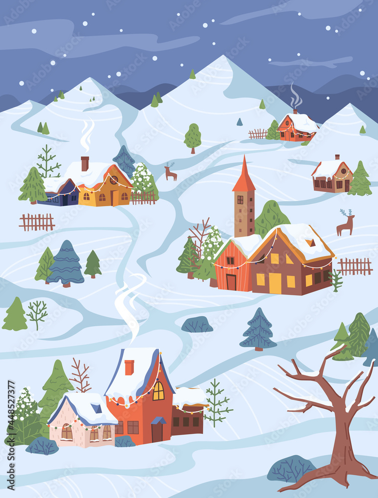 新年圣诞乡村风光，雪地里的小屋和树木，平面卡通设计。矢量mo