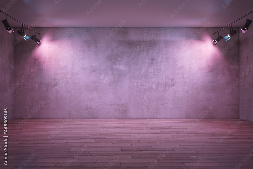 抽象的粉红色内饰，墙上有专业的照明和实体模型。实体模型，3D渲染。