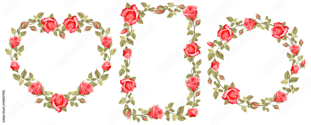 一套带有红玫瑰、花蕾和叶子的复古花卉框架。圆形框架，心形，矩形fr