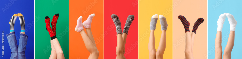 彩色背景下穿着袜子的年轻女子的腿