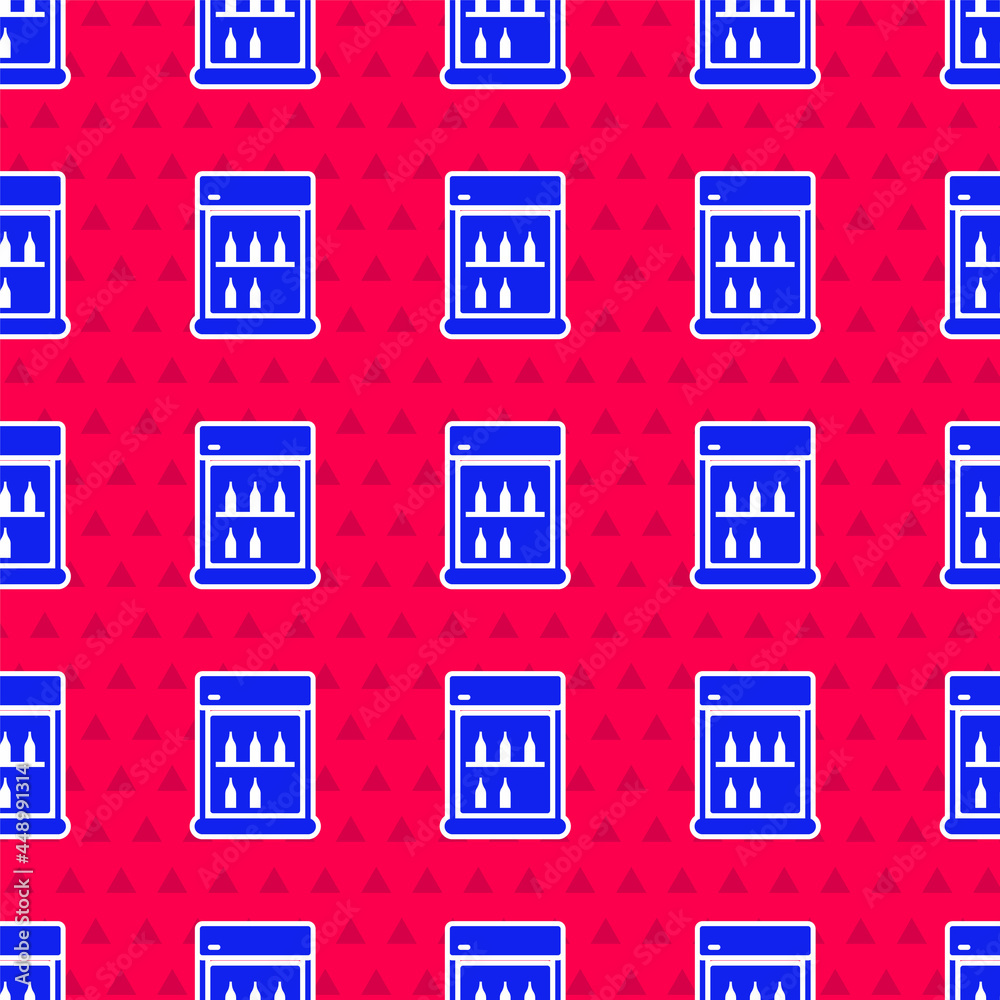 蓝色商用冰箱，用于储存红色背景上的饮料图标隔离无缝图案。危险