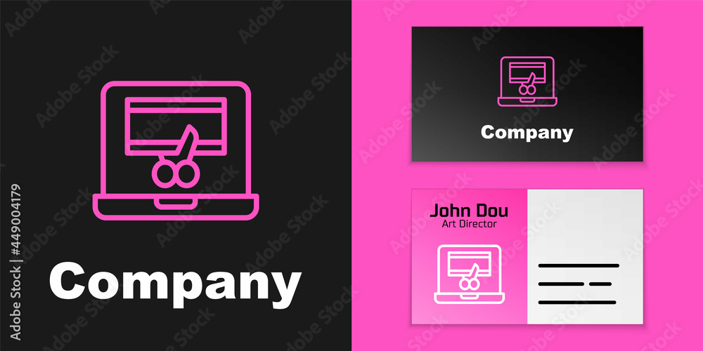 笔记本电脑上的粉红色视频记录器或编辑器软件图标在黑色背景上隔离。视频编辑