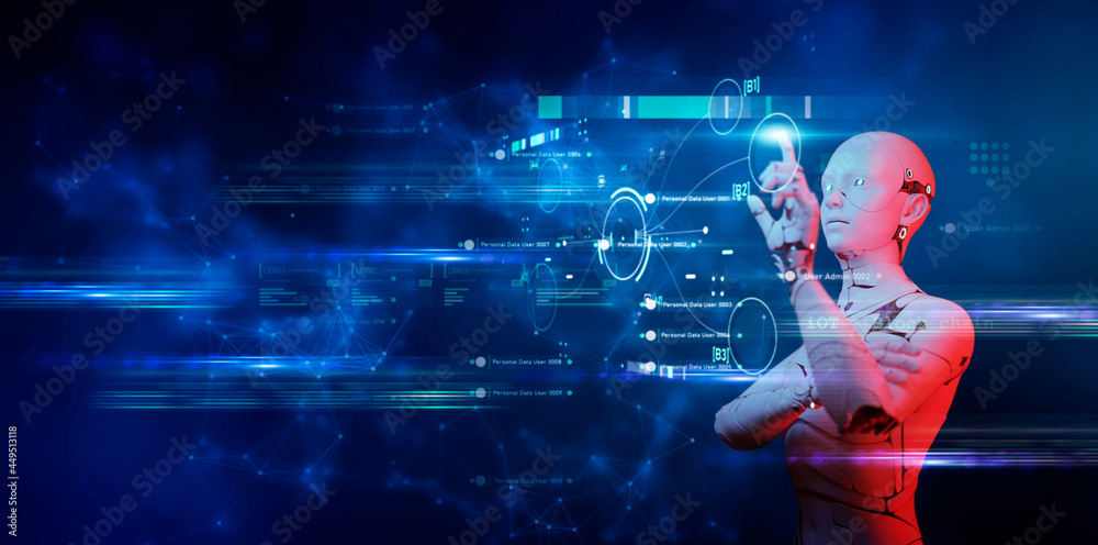 Cyber digital world android robot pointing finger computer coding background, futuristic future digi