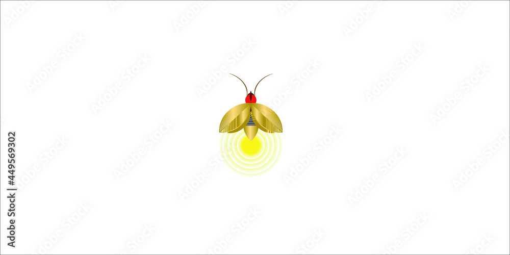 美丽的萤火虫在身体末端展开翅膀和光芒。设计虫甲虫萤火虫。