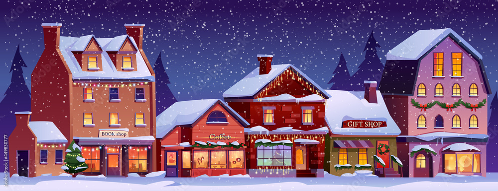 圣诞节景观街，夜间、降雪、下雪天气装饰房屋。矢量圣诞节