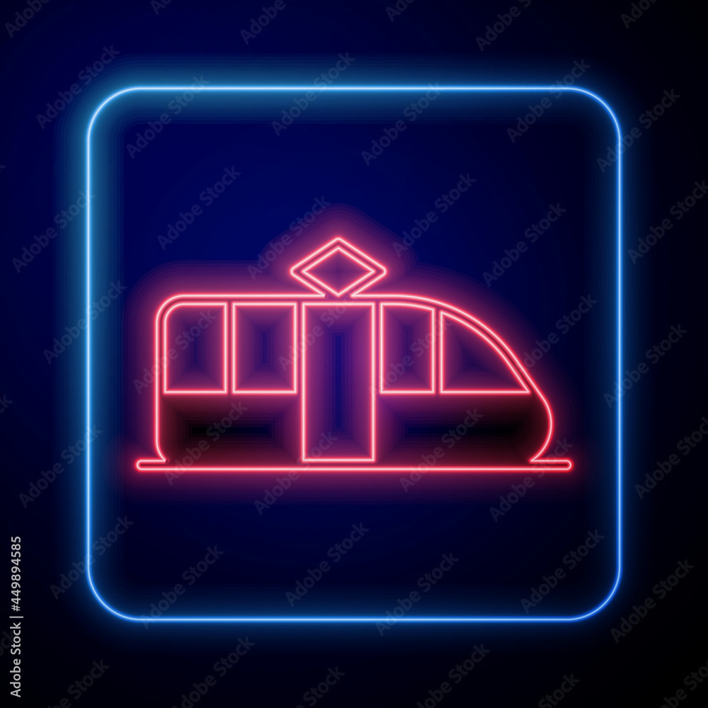 在黑色背景上隔离的闪闪发光的霓虹灯有轨电车和铁路图标。公共交通符号。Vecto