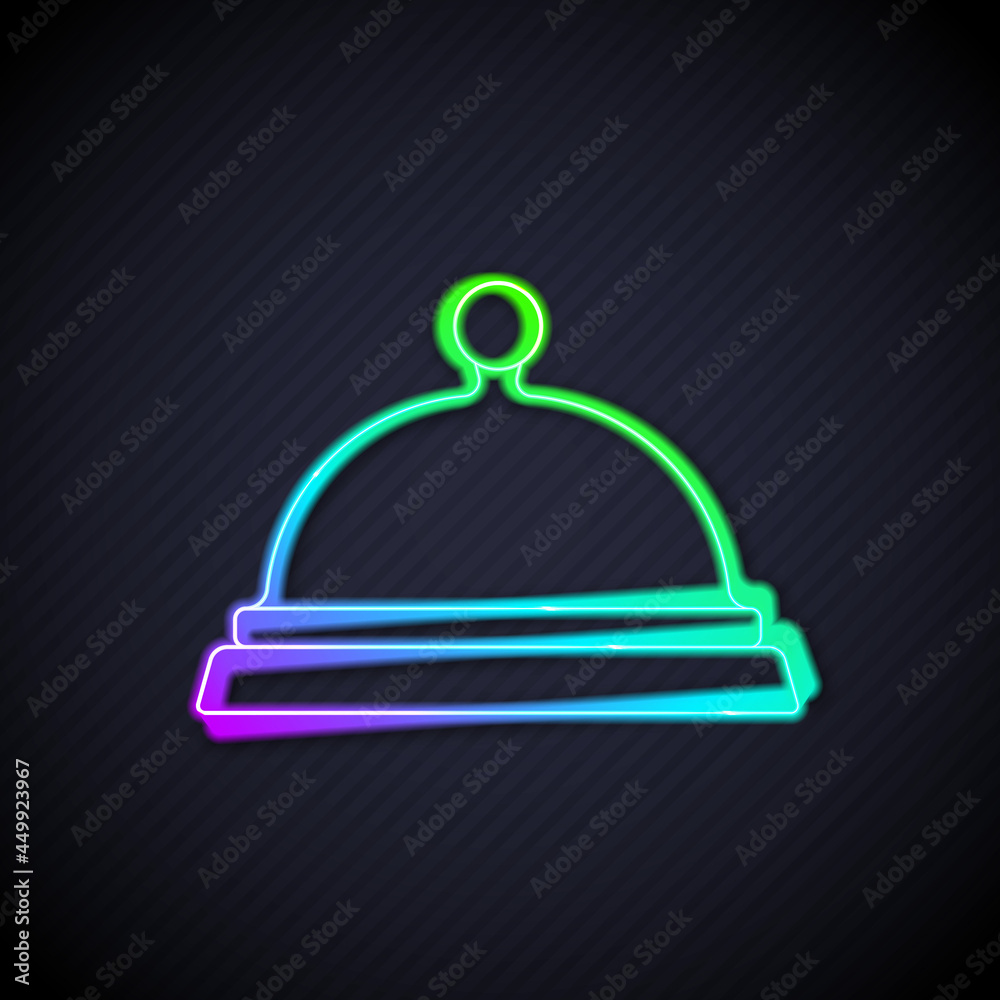 闪闪发光的霓虹灯线，上面覆盖着一盘黑色背景上隔离的食物图标。托盘和盖子标志。