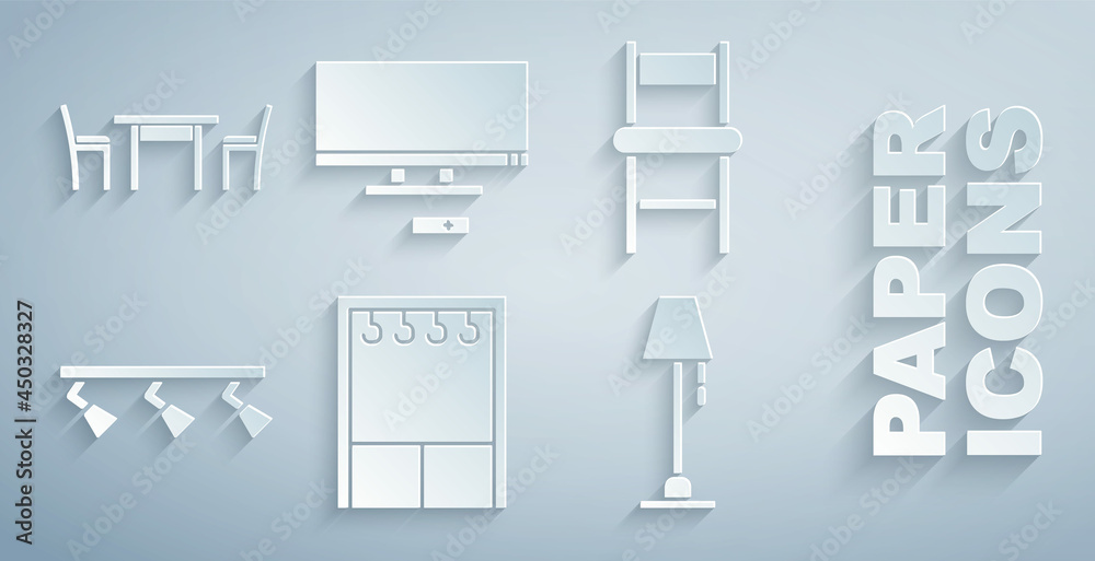 套装衣柜、椅子、Led轨道灯和灯具、地板、智能电视和带椅子图标的木桌。V