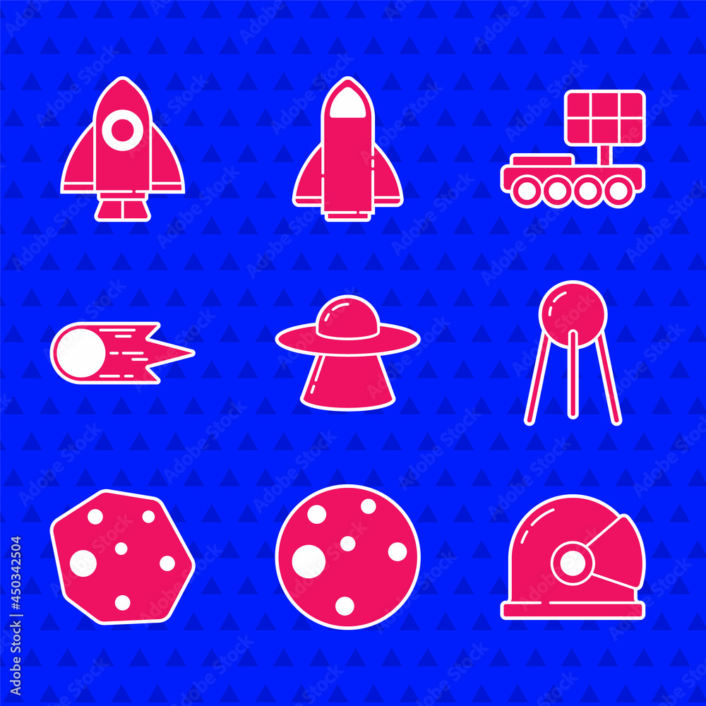 设置不明飞行物飞行飞船，火星，宇航员头盔，卫星，小行星，彗星坠落fas