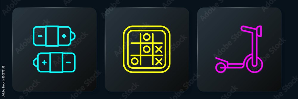 Set line Battery, Roller scooter and Tic tac toe game. Black square button. Vector