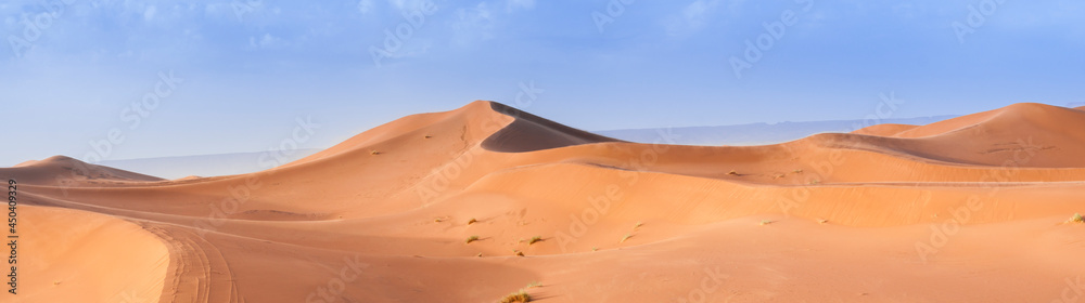 撒哈拉沙漠中的沙丘/在撒哈拉沙漠中，地平线上的沙丘，摩洛哥，非洲。
