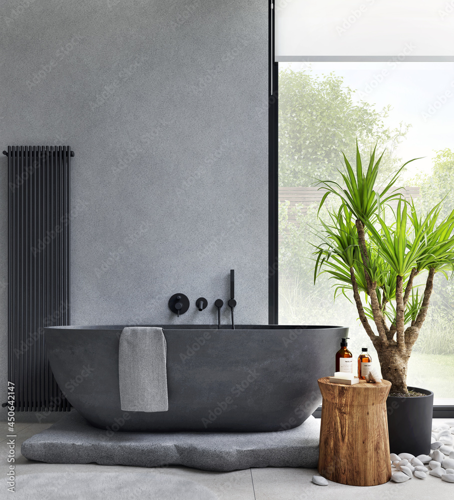 豪华现代浴室室内设计。黑色浴缸