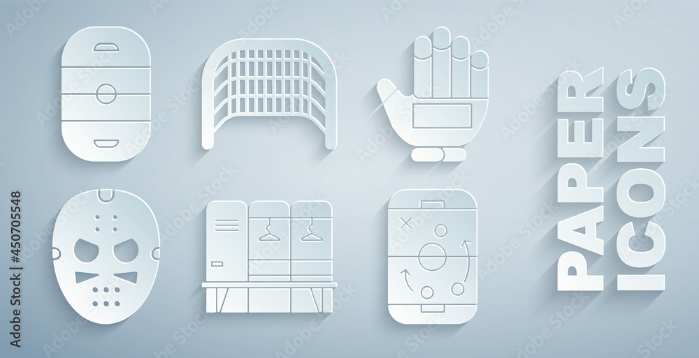 Set Locker or changing room, Hockey glove, mask, Planning strategy, Ice hockey goal and rink icon. V