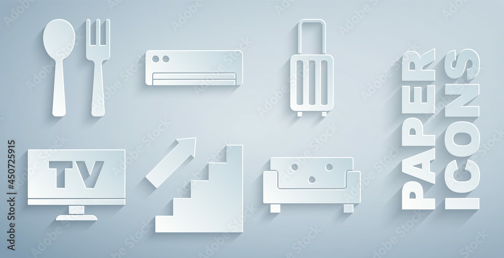 设置楼梯、手提箱、智能电视、沙发、空调、叉子和勺子图标。矢量