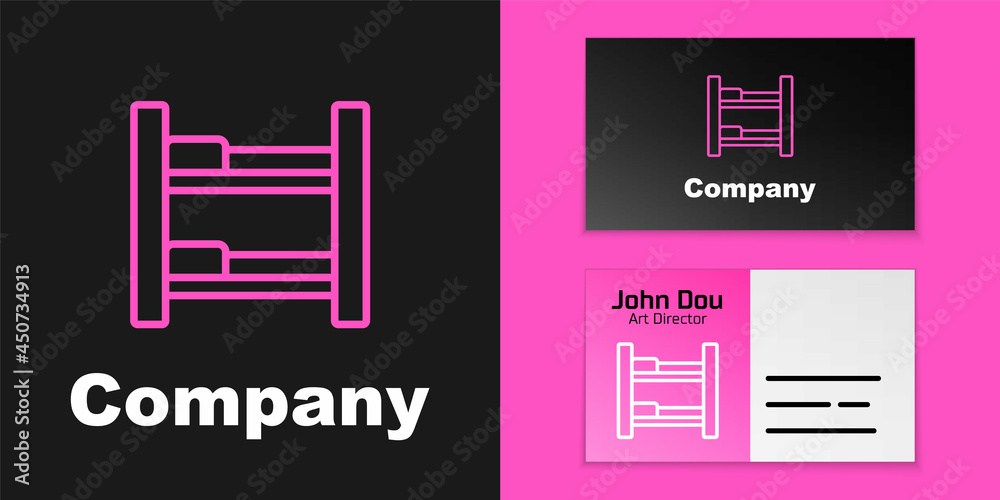 粉红色线条酒店客房床图标隔离在黑色背景上。标志设计模板元素。矢量