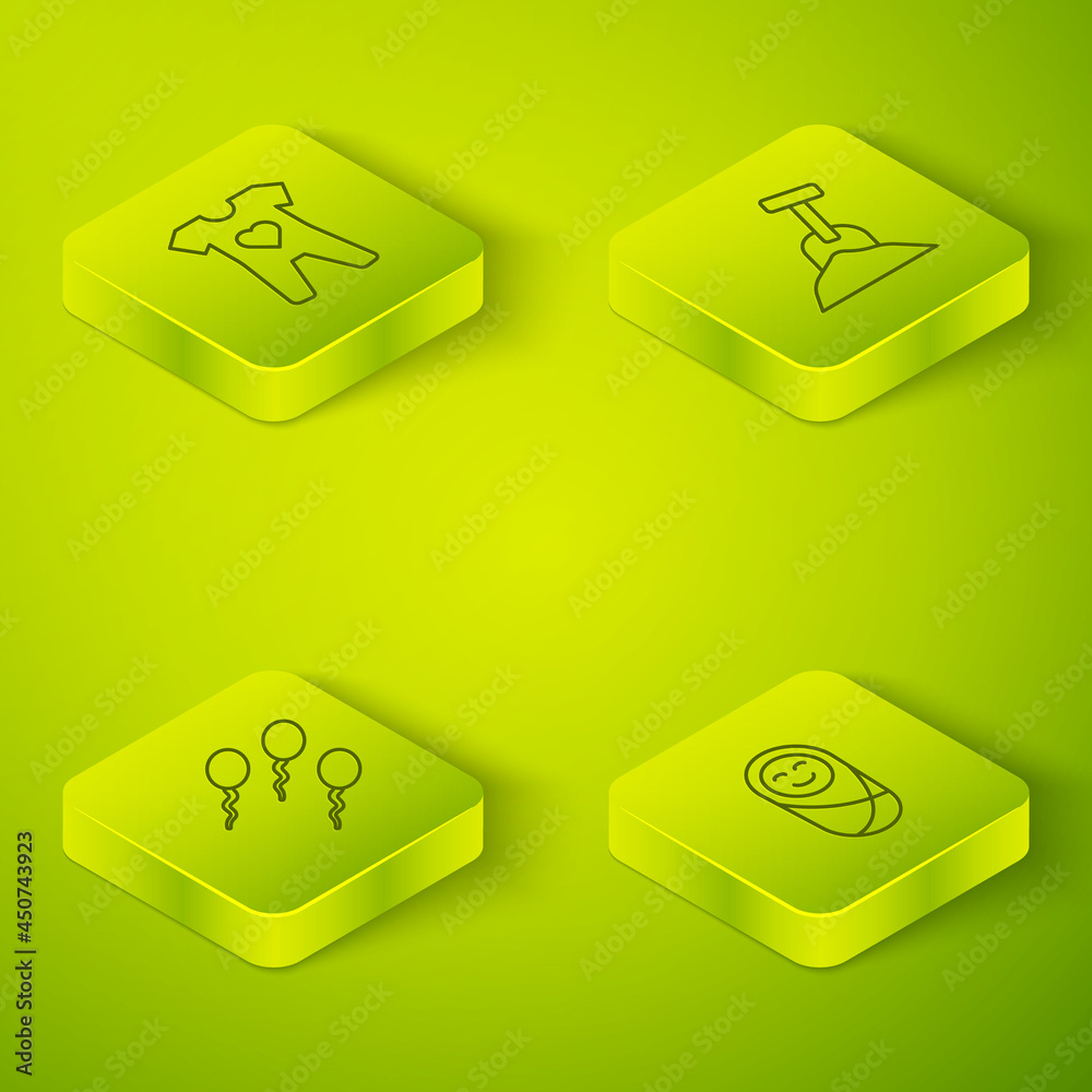 Set Isometric line Sandbox with sand and shovel, Sperm, Newborn baby infant swaddled and Baby clothe