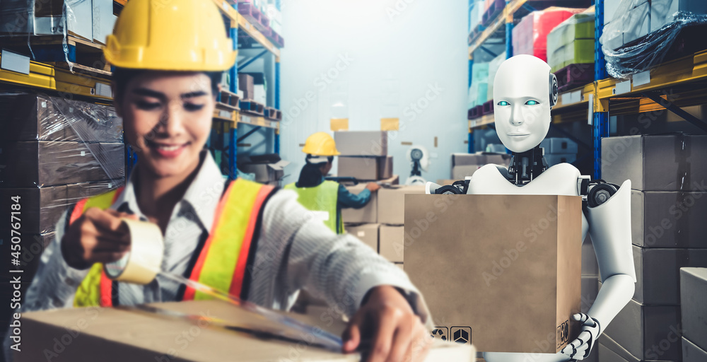 创新行业机器人与人类工人一起在仓库工作。人工智能的概念