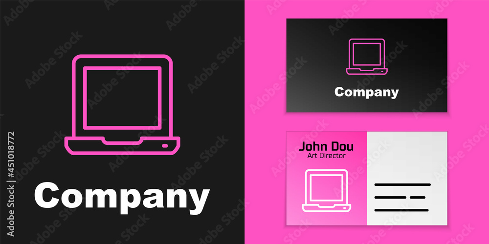 Pink line Laptop icon isolated on black background. Computer notebook with empty screen sign. Logo d