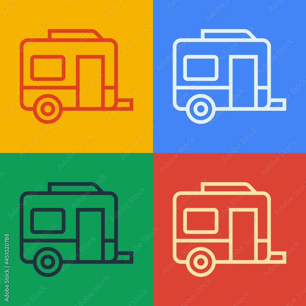 流行艺术线Rv露营拖车图标隔离在彩色背景上。旅行移动房屋，房车，家