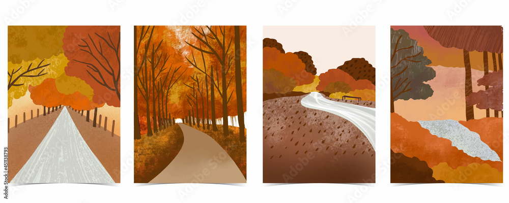 秋天的森林背景，有树、树叶、天空、道路