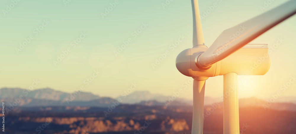 风力涡轮机。可持续能源，清洁能源。