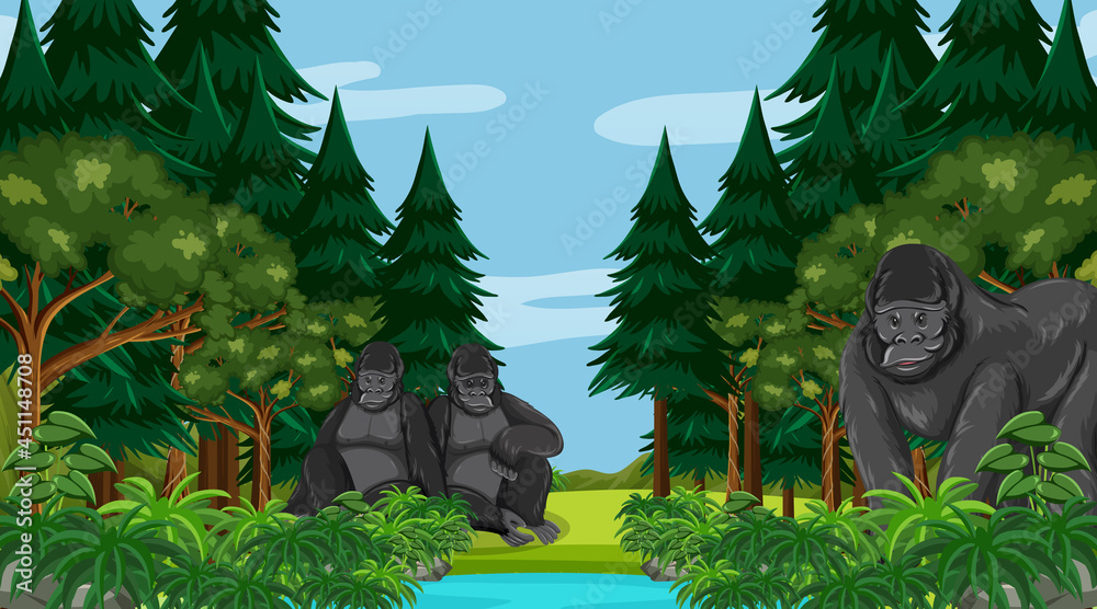 Gorilla family in forest or rainforest scene with many trees