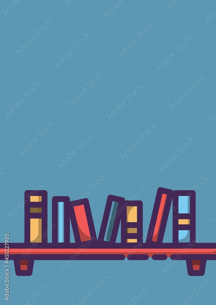 Composition of books on shelf icon on blue background