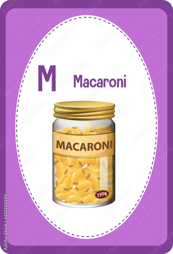 Alphabet flashcard with letter M for Macaroni
