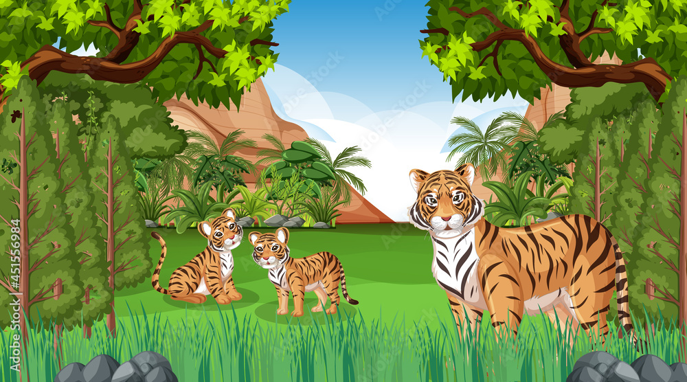 老虎家族的森林或雨林场景