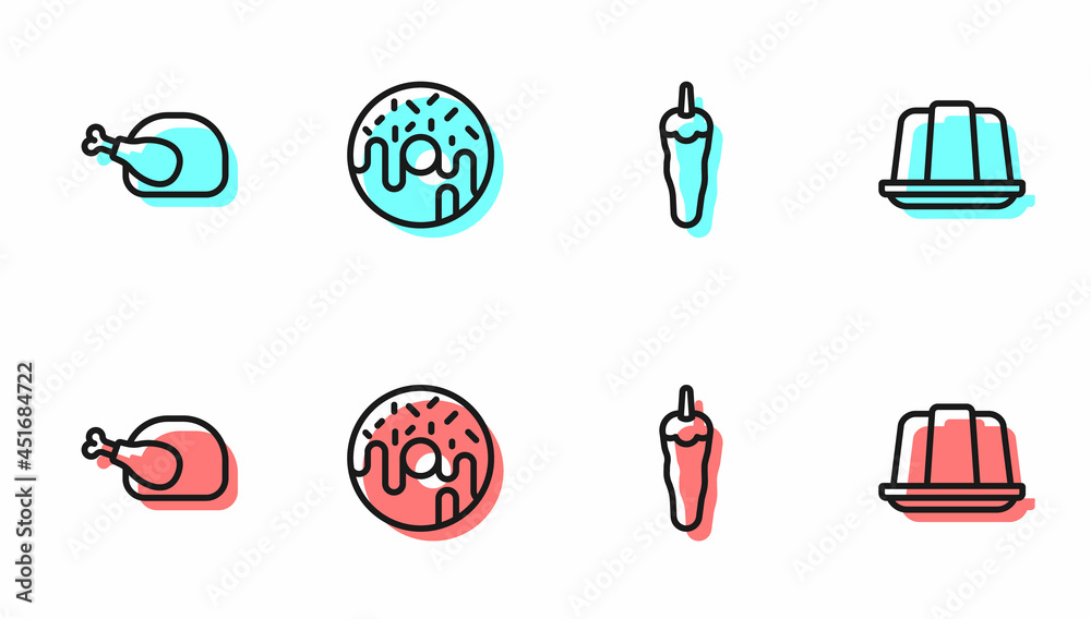 Set line Hot chili pepper, Roasted turkey or chicken, Donut and Jelly cake icon. Vector
