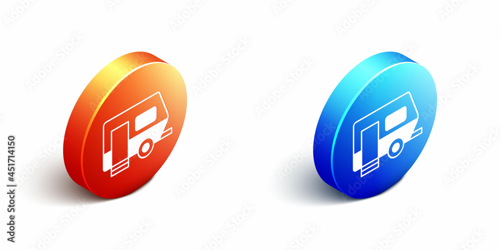 Isometric Rv Camping trailer icon isolated on white background. Travel mobile home, caravan, home ca
