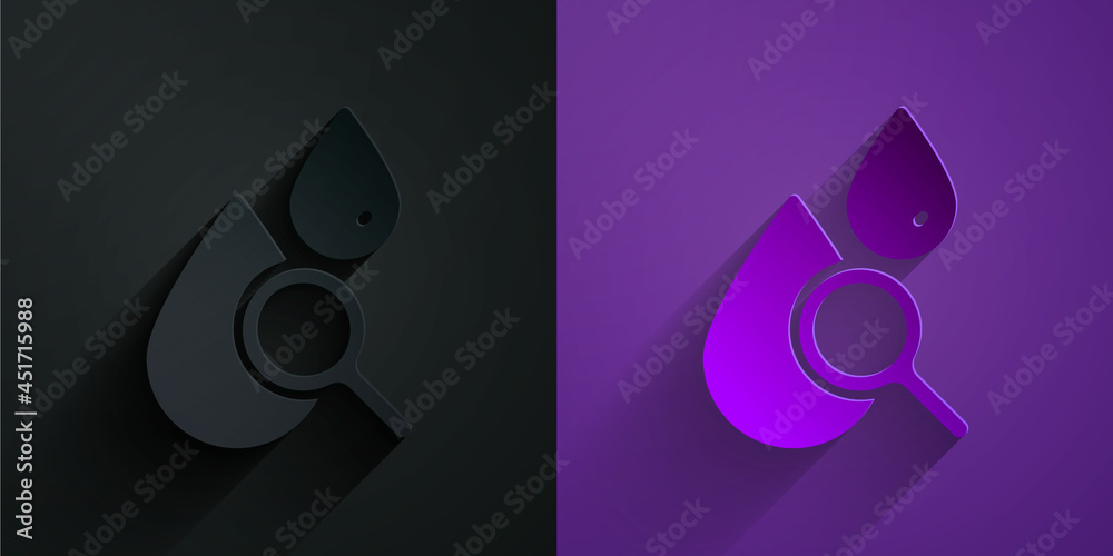 剪纸水滴和放大镜图标隔离在紫色背景上的黑色上。纸艺风格。Ve
