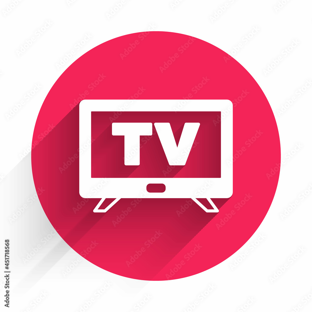 白色智能电视图标与长阴影背景隔离。电视标志。红色圆圈按钮。矢量
