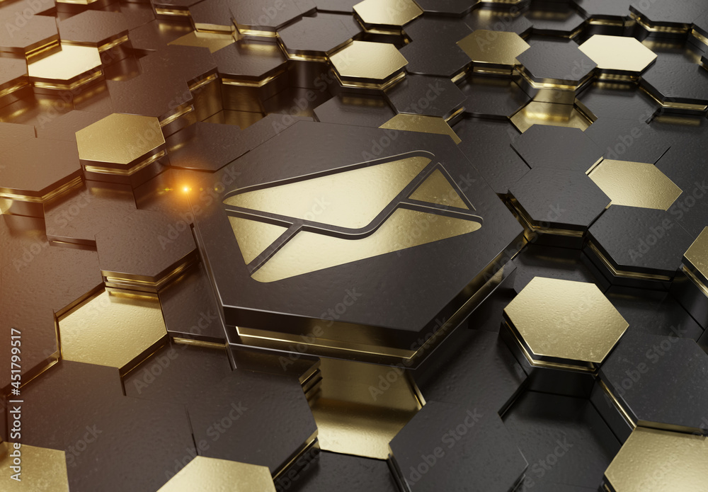 电子邮件图标概念雕刻在六边形基座背景上。邮件图标在抽象数字上发光
